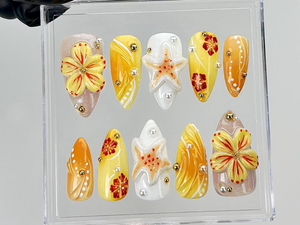 Tropical Summer Press On Nails | 3D Flower & Starfish Fake Nails | Beach Vibes Nail Art | Orange Yellow Floral Press Ons | Summer | OB881YK