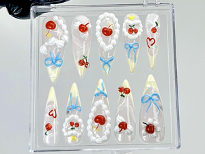 Cherry Whipped Cream Press On Nails | Cute Fruit Fake Nails | Sweet Cherry Delight Nail Art | Fun Summer Nails | Kawaii Nails | OB906YC