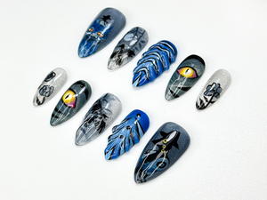 KPop Demon Hunters Press On Nails | Moonlit Demon Forest Nail Art | Handmade Fantasy KPop Nail | Long Stiletto Demon Hunter Nails | OB108HC