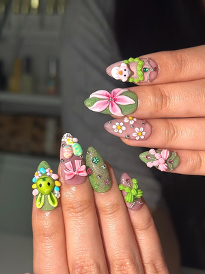 Bunny Garden Press On Nails | 3D Easter Rabbit Nails | Cute Pastel Floral Nails | Kawaii Green Pink Nails | Handmade Press Ons | OB1031HC
