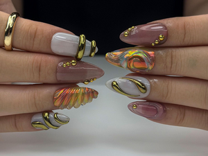 Aurora Gold Swirl Press On Nails | Holographic Iridescent Shell Nails | 3D Gold Chrome Accent Tips | Almond Shape Artistic Nails | OC1007EC
