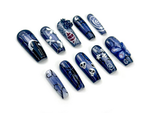 Midnight Gothic Butterfly Press On Nails | Dark Blue Fantasy Nail Art | 3D Butterfly, Skulls & Floral Accents | OC140EC