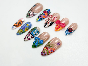 Pop Art Press On Nails | Funky Cartoon Mixed Pattern Nails | 3D Cute Bug & Ribbon Nail Art | Playful Art Press Ons | Cute Cartoon | OB804HC