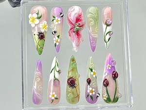 Ladybug Spring Floral Press On Nails | Spring Floral Cottagecore Nails | Spring Nature Design Nail Art | Wildflower Fake Nails | OB857YC