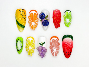 Combo Summer Vibes Press On Nails | 3D Tropical Fruit Nail Art | Handmade Kiwi, Watermelon & Citrus Nails | Beach Vacation Nail Set OB73L