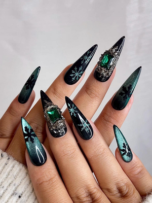 Emerald Snowflake Christmas Press On Nails | Black Green Winter Nails | Luxe Holiday Nail Art | Stiletto Press Ons | Winter Set | OB237HC