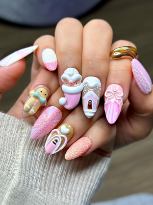 Pink Gingerbread Christmas Press On Nails | Festive Holiday Nail Art | 3D Santa & Candy Cane Nail Set | Handmade Pink Winter Nails|OB225EG