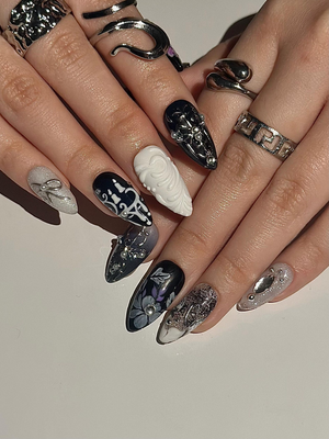 Gothic Violet Chrome Press On Nails | Black Silver Luxury Nails | 3D Baroque Floral Nails | Dark Elegant Nails | OC310HC
