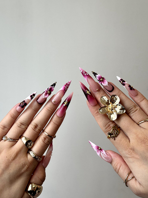Elegant Floral Press On Nails | 3D Floral Ombre Nails | Burgundy & Pink Gradient Nail Art | Luxury Handmade Press Ons | OC881HC