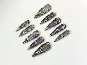 Futuristic Metallic Press On Nails | Silver Frame Nail Art | Gemstone Inspired Handmade Nails | Gray & Purple Luxury Nail Set | OC1158BC