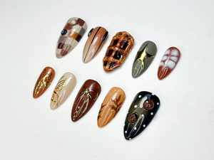 Autumn Brown Press On Nails | Cozy Fall Plaid & 3D Waffle Nail Art | Handmade Neutral Brown Nail | Rustic Autumn Inspired Press Ons |OB161HK