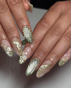 Jade Green Floral Press On Nails | Elegant Floral Nail Art | Zen Nature Press Ons | Nude Floral Butterfly Nails | Handmade 3D Nail | OB781HC