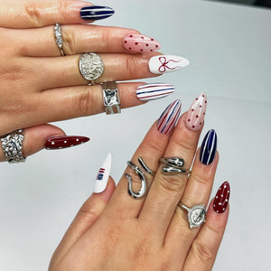4th of July Press On Nails | Red White Blue Coquette Nails | Patriotic Almond Nails | USA Flag Summer BBQ Nails | Americana Nails | OB399LK