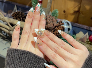 White French Christmas Press On Nails | Red Green Gold Holiday Press Ons | Christmas Tree & Candy Cane Nails | Elegant Winter Nail | OB223HC