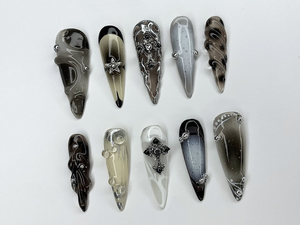Cool Gothic Press On Nails | Luxury Black Silver Jeweled Nail charms | Luxurious Chrome and Holiday Nail Art |Long Stiletto Nail Set|OC451AH