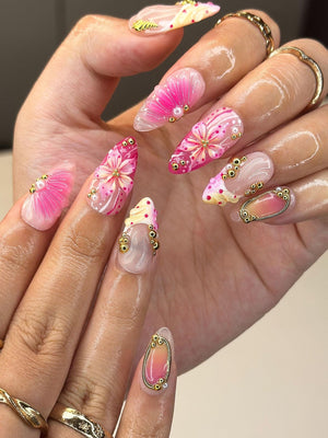 3D Pink Hibiscus & Seashell Nails | Tropical Floral Summer Press Ons | Luxury Gold Studded Mermaid Stiletto Art | Pink Ombre Nails| OB1342IC