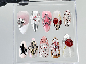 Leopard Print Star Press On Nails | 3D Rhinestone Fake Nails | Pink and Silver Nail Art | Cute Star Cherry Press Ons | Summer Nails |OB883YC