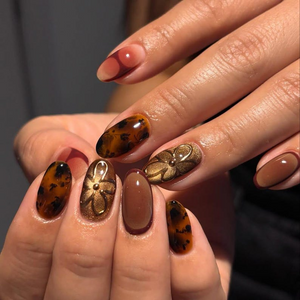 Autumn Burgundy Tortoiseshell Press On Nails | Gold Orchid Accent Nails | Gradient Fall Nail Art | Elegant Autumn Nail Set | OB187EC