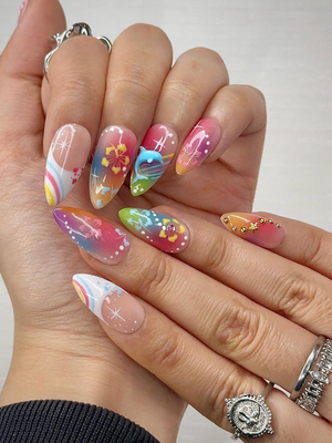 Midnight Sun Press On Nails for Y2K Lovers | Sunset Ombre Rainbow Nails with 3D Floral Art | 90s Nail Design | Artistic Press Ons | OB290HC
