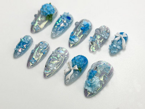 Iridescent Blue Garden Press On Nails | 3D Floral Glitter Nails | Elegant Blue Press On Nails | Handmade Romantic Bridal Set | OB774HC