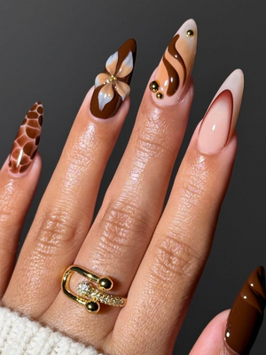 Mocha Bloom Autumn Press On Nails | Brown Nude Gradient Nail Set | 3D Flower & Gold Bead Accents | Luxury Tortoiseshell Nail | OB1102EK
