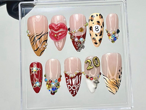 Leopard Rhinestone Press On Nails | Bold Animal Print Fake Nails | Girls Don’t Cry Nail Art | 3D Lips & Crystal Press Ons |Nail Art |OB910YK