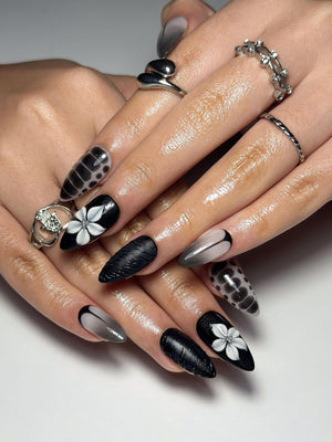 3D Monochrome Flora Nails | Reptile Print & Velvet Knit Press Ons | Luxury Gothic Minimalism Stiletto Art | OC1343IC