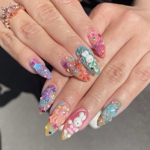 Kawaii Bunny Press On Nails | 3D Cute Rabbit & Star Nails | Rainbow Pastel Swirl Nail Art | Handmade Kawaii Nail | Fun Handmade Nail|OB982HC