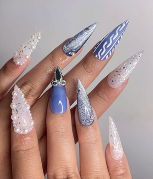 Frosted Winter Elegance Christmas Nails | Icy Blue Chrome Nail Art | Pearl Snowflake Design | Winter Wonderland Nails | Luxury Nail|OB1199HK