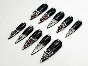 Gothic Cross Tip Press On Nails | Vampire Red & Black Nails | Gothic Triangle Accent Nails | Religious Symbol Nails | Dark Glam Nail| OC865H