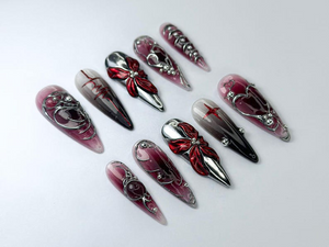 Gothic Blood Red Press-On Nails | Edgy Black And Red Press-Ons | Gothic Press-On Set | Cyberpunk & Gothic Nails | OB726HC