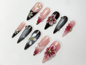 Elegant Red Floral Press On Nails | 3D Red Blossom Nail Set | Elegant Spring Nails | Glossy Floral Nail Set | Dark Glam Nails | OC756HC