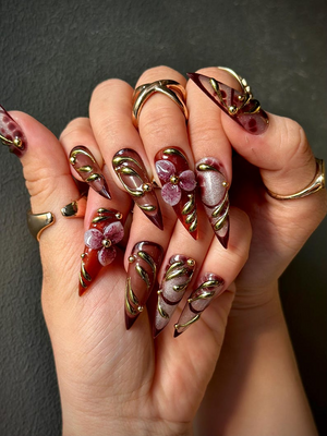 Fall Orchid Press On Nails | Burgundy Floral Nail Art | Luxury Handmade Long Nails | Stiletto Nail Design | Autumn Nail Collection | OB169HK