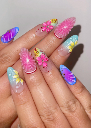 Tropical Bloom Press On Nails | 3D Flower Summer Nails | Colorful Citrus Slice Nails | Hand Painted Floral Nails | Vacation Nails | OB319H