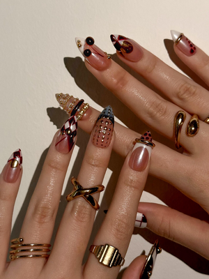 Gold Ring Luxury Press On Nails | Pearl Nude & Gold Hardware Nails | Luxury Gilded Almond Nail Art | High Fashion Jewelry Nail Set | OB296EC