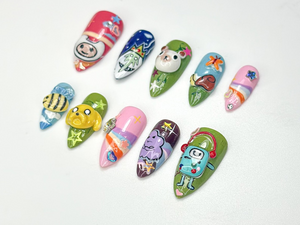 Adventure Time Cute Press On Nails | 3D Cartoon Characters & Bee Accents | Handmade Pop Culture Nail Art | Cute Animation Nail Set | OB116HC