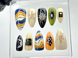 Boho Sun Moon Press On Nails | Groovy Earthy Fake Nails | Artistic Sun and Moon Nail Art | Custom Groovy Press Ons | Unique Nails | OB884YK