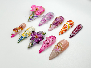 Summer Press On Nails Tropical Bloom | 3D Orchid & Fruit Nail Art | Colorful Summer Flower Design | Handmade Nature Nails | OB983HC