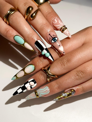 Gilded Luxury Colorful Press On Nails | Eye Art Gold Ring Nails | Handmade Nude Stiletto Nail Art | Luxury Statement Press Ons | OB302EC