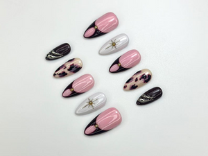Pink Noir Star Press On Nails | Chic French Tip Nail Art | Leopard Accent Nails | Elegant Handmade Nail Set | OC1120BC