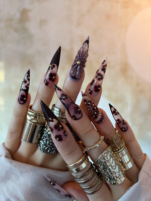 Fall Rose Luxe Press On Nails | Pink & Brown Autumn Glam Nails | 3D Bow and Rose Accents | Elegant Metallic Nail Design | OB1099EK
