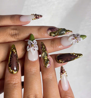 Autumn Gemstone Bloom Press On Nails | Fall Burgundy and Green Nail Art | 3D Flower & Crystal Accents | Baroque Autumn Design | OC1094EC