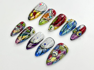 Stained Glass Fantasy Press On Nails | Hand-Painted Mosaic Nail Art | Sparkly Abstract Rainbow Design | Festival Boho Press On Set | OC786HC