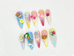 Kawaii Hello Kitty Press On Nails| 3D Tropical Nail Art | Cat & Plaid 3D Nail Set | Handmade Nail Set | Cute 3D Nail Art Design| OB619LC