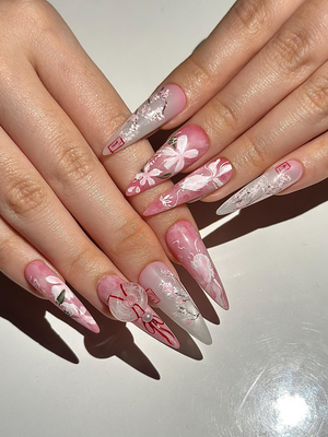 Pink Blossom Press On Nails | Pink Jelly Floral Nails | Asian Flower Nails | Romantic Spring Nails | Handmade Stiletto Press Ons | OB312HC