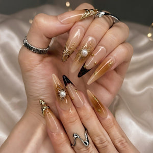 Gold Sun Pearl Press On Nails | Shiny Jelly Brown Nails | Luxury Gold Swirl Art | Bold Party Night | Elegant Prom Wedding Set | OB95DK