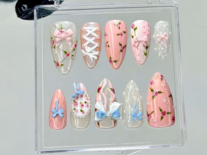 Balletcore Rose Press On Nails | Floral Lace Fake nails| Vintage Rose Nail Art | Feminine Handmade Kawaii Nails | Luxury Nails | OB940YC