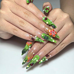Green Floral Press On Nails with Ladybug and Pearl | 3D Nature Nails in Long Almond | Handmade Spring Nails for Wedding, Vacation | OB330N