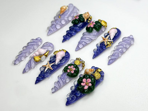 Mermaid Shell Spiral Press On Nails | Ocean-Inspired 3D Nail Art | Seashell Starfish Lilac Nails | Fairycore Beach Nail Set | OB861H