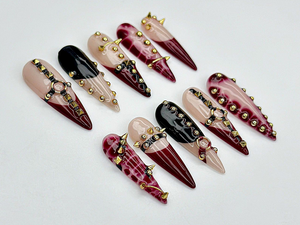 Handmade Gothic Press On Nails | Spiked, Studded Red & Black Nails | Punk Rock Statement Nail Art | OC968EP